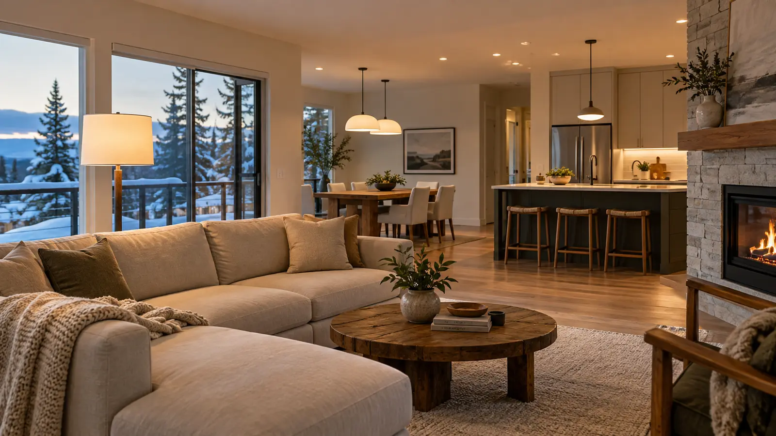 Warm-neutral and neutral-white lighting in connected interior areas.