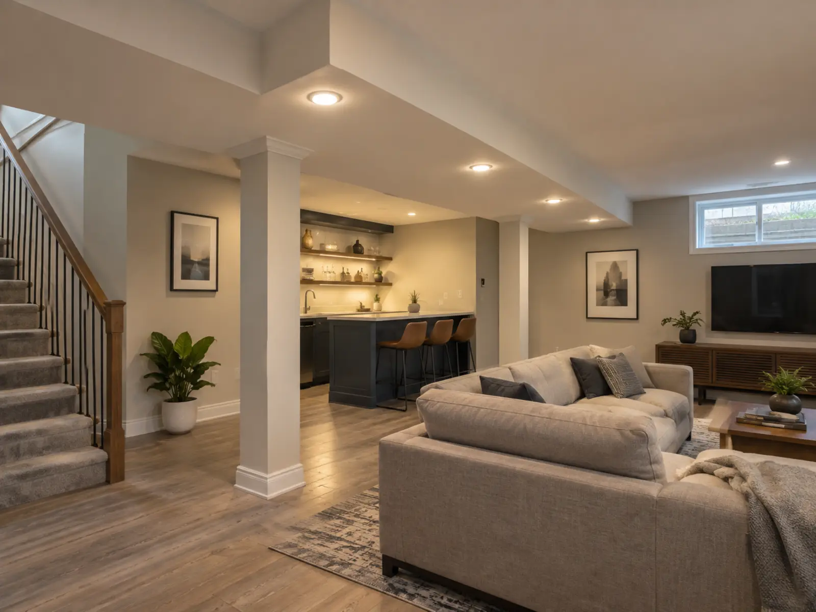 Low-profile LED lights arranged around a basement bulkhead