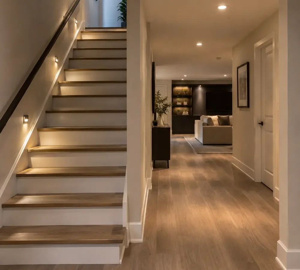 Recessed lighting along basement stairs and hallway
