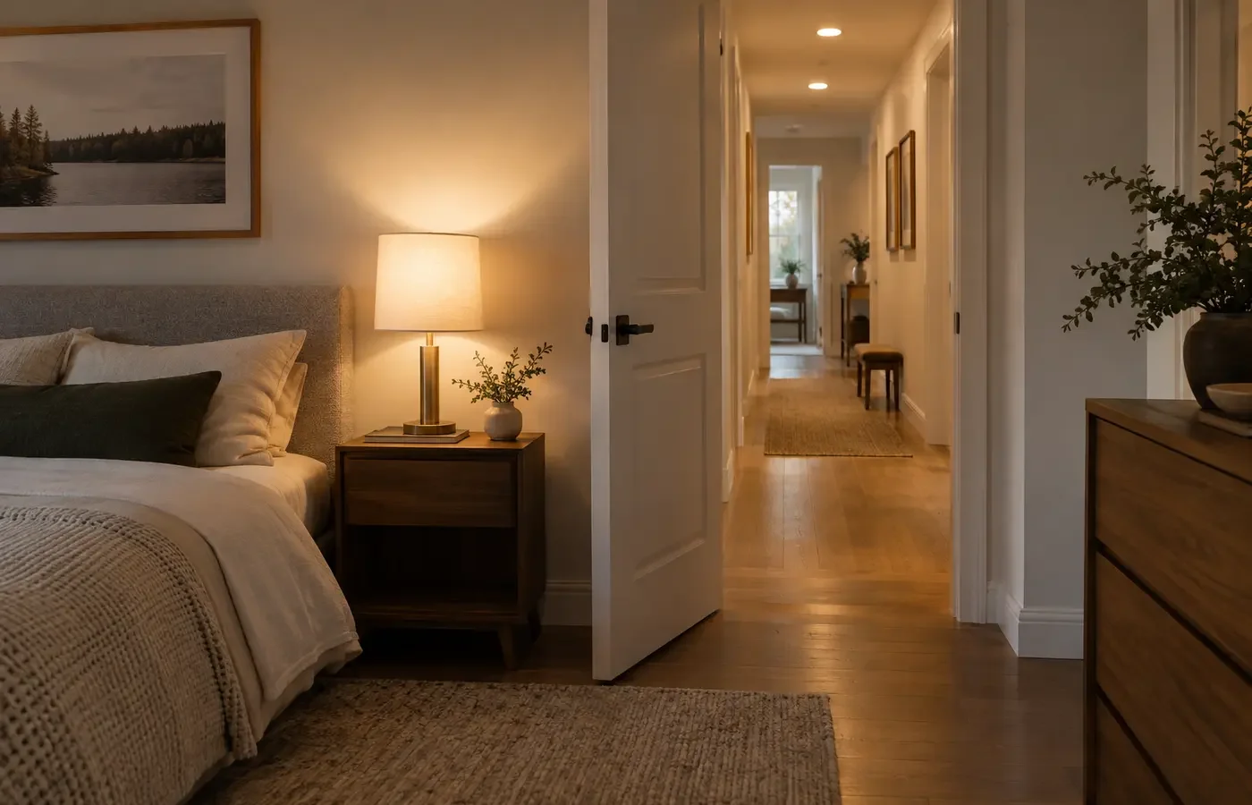 Warm recessed lighting from a bedroom into a hallway