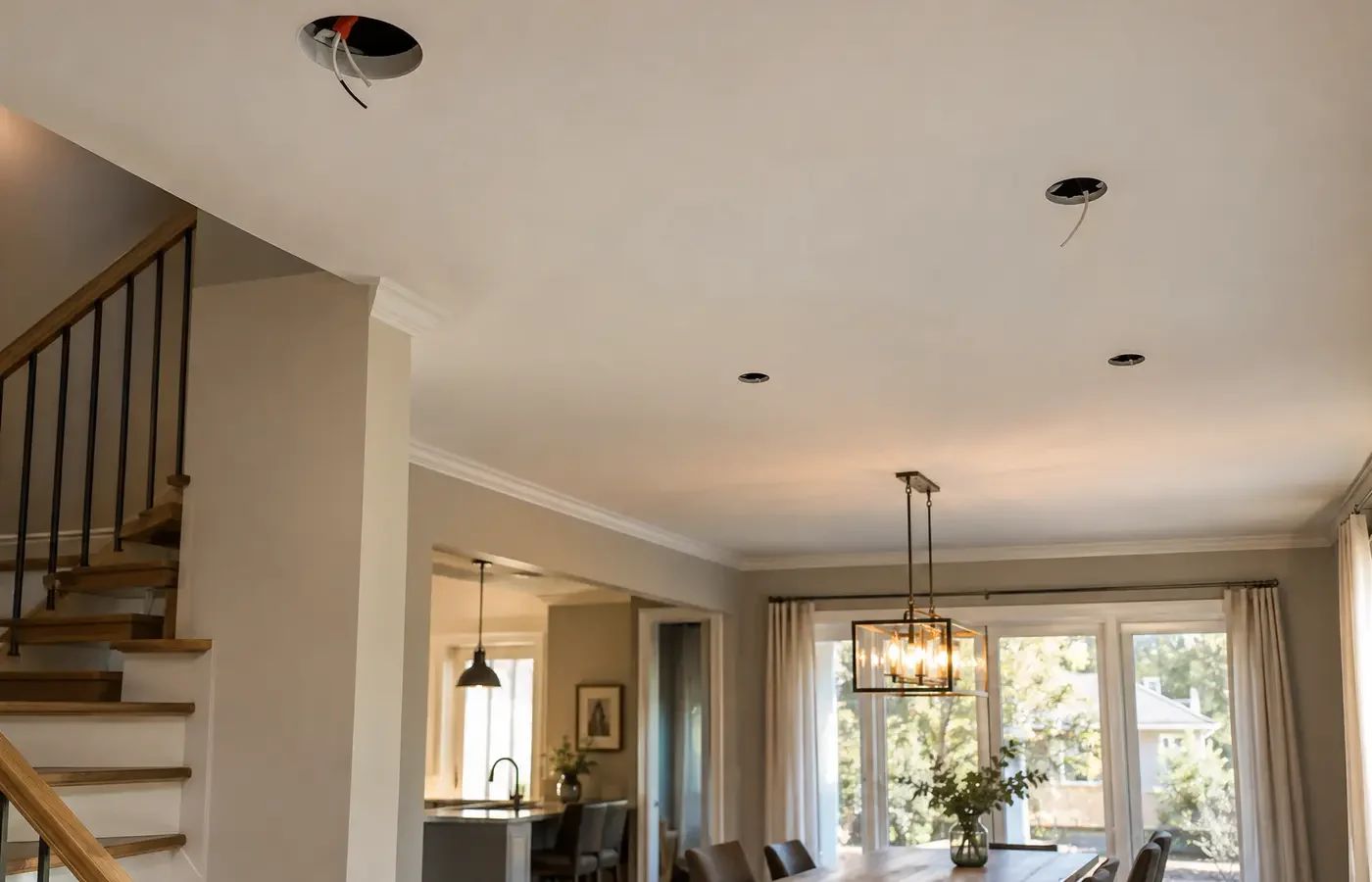 Finished ceiling being assessed for recessed-light access