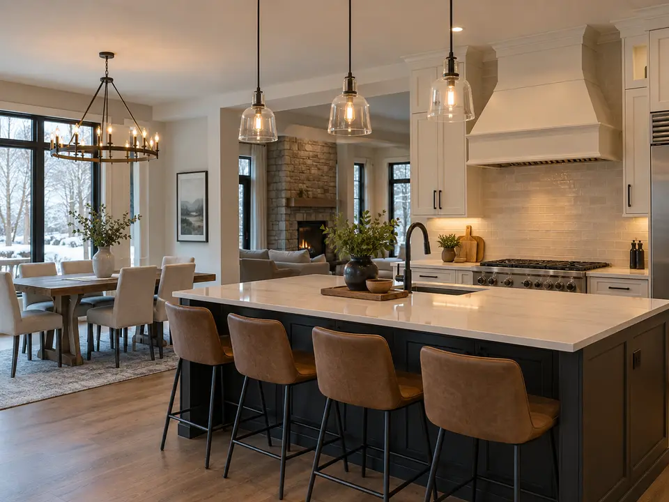 Chandelier and pendant fixtures in connected rooms