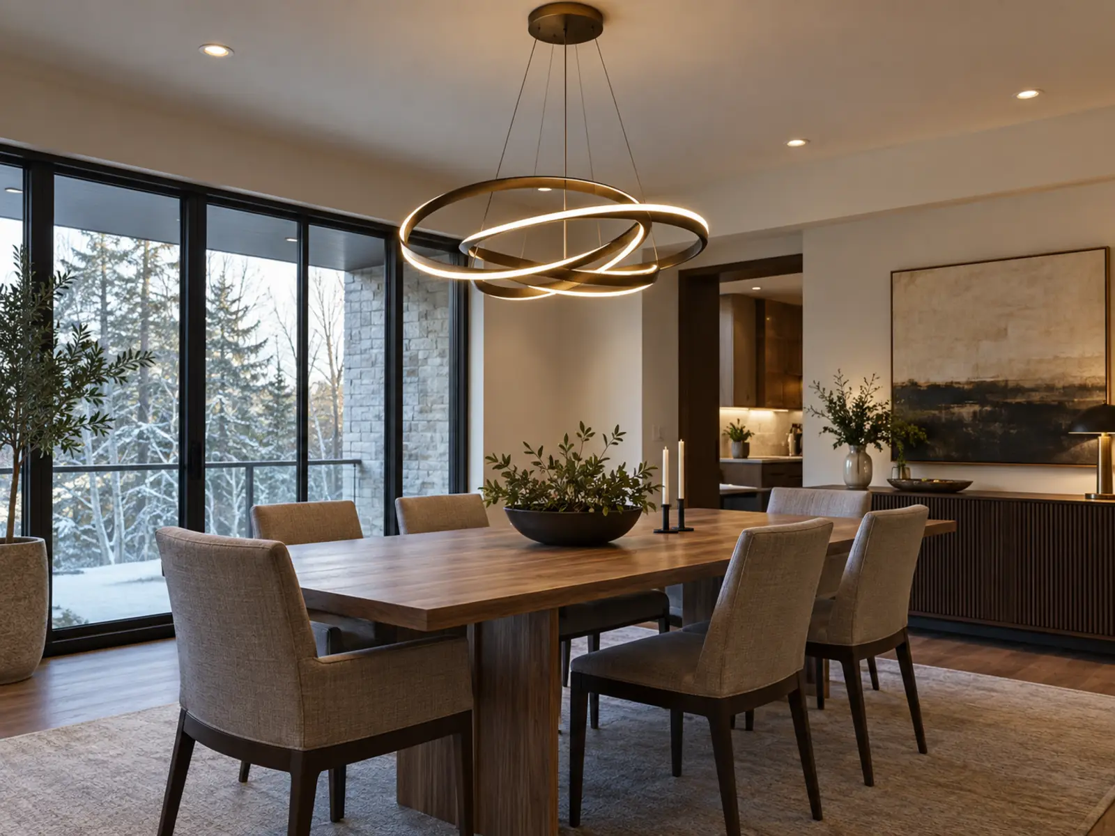 Decorative dining fixture with supporting ceiling lights