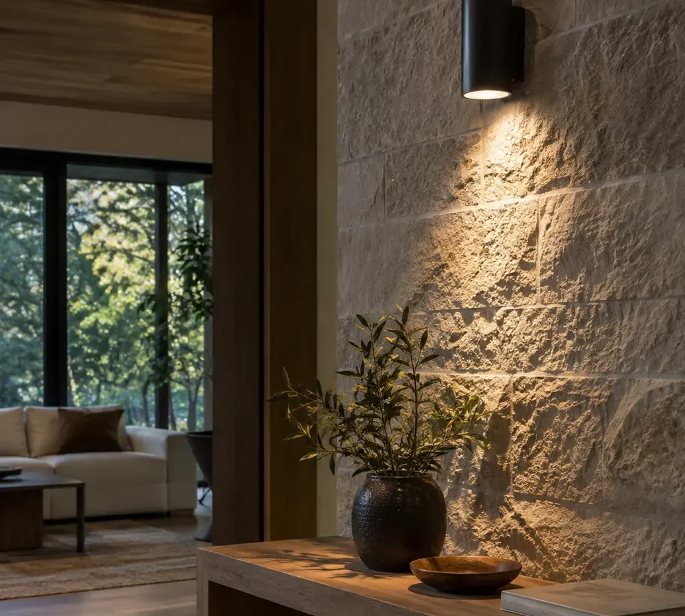 Directional recessed light illuminating a textured wall