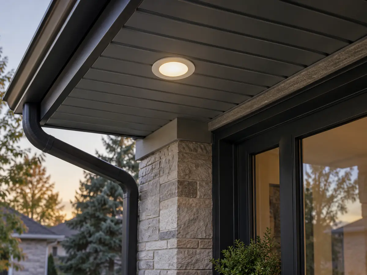 Recessed exterior fixture installed in a soffit