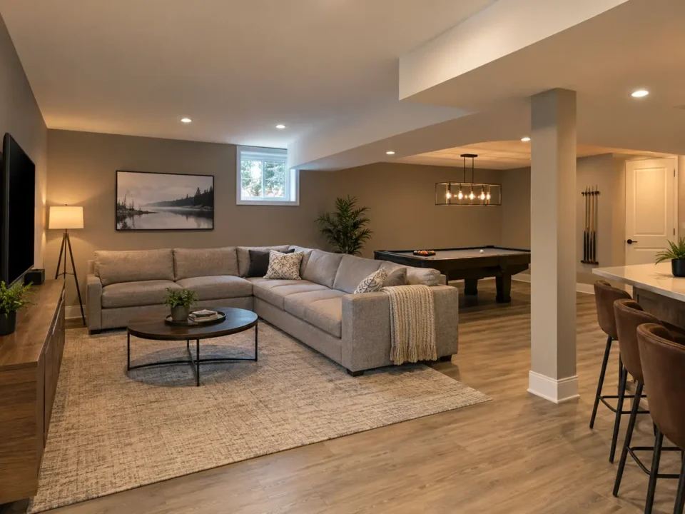 Low-profile lights arranged around an offset basement bulkhead.