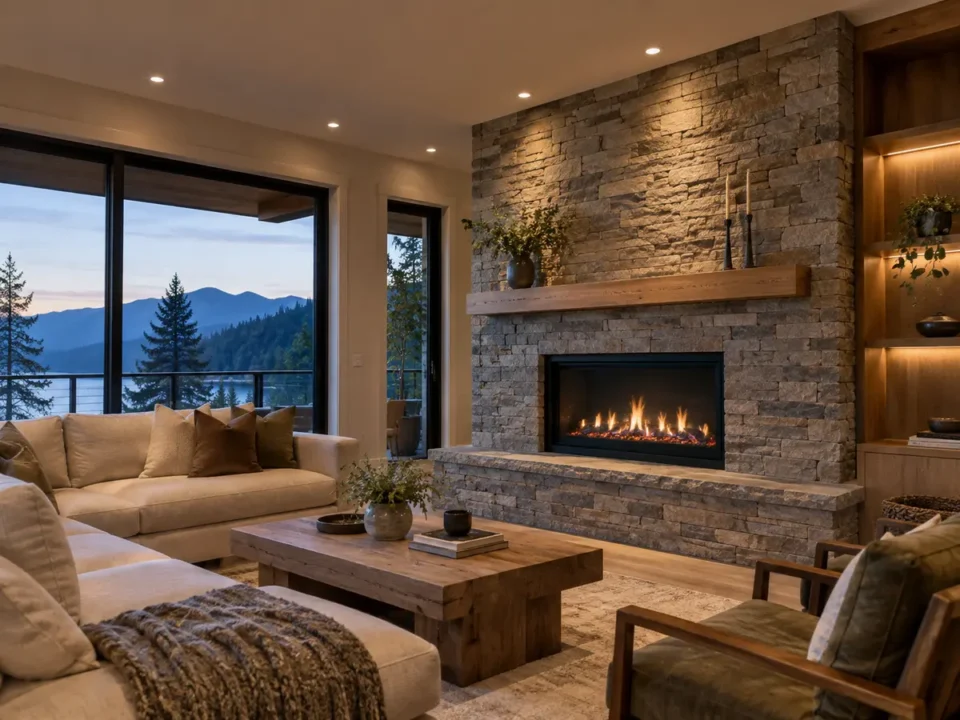 Directional and ambient ceiling lights around a fireplace wall.