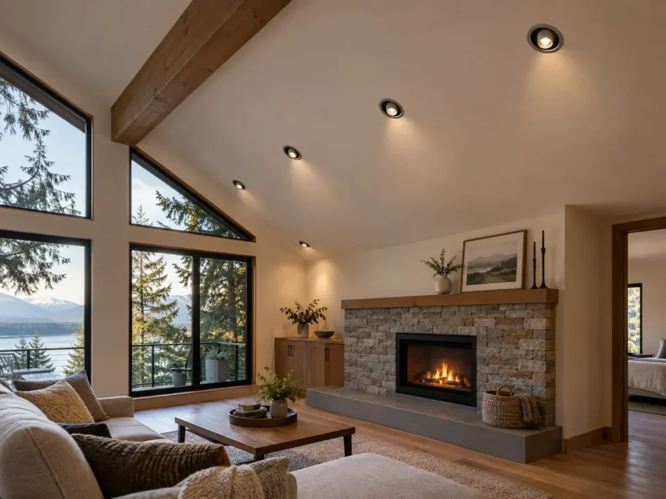 Directional gimbal lights on a sloped ceiling.