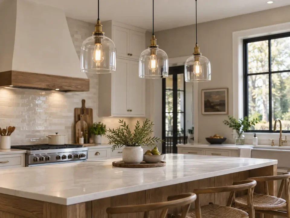 Three glass pendants centred above a long kitchen island.