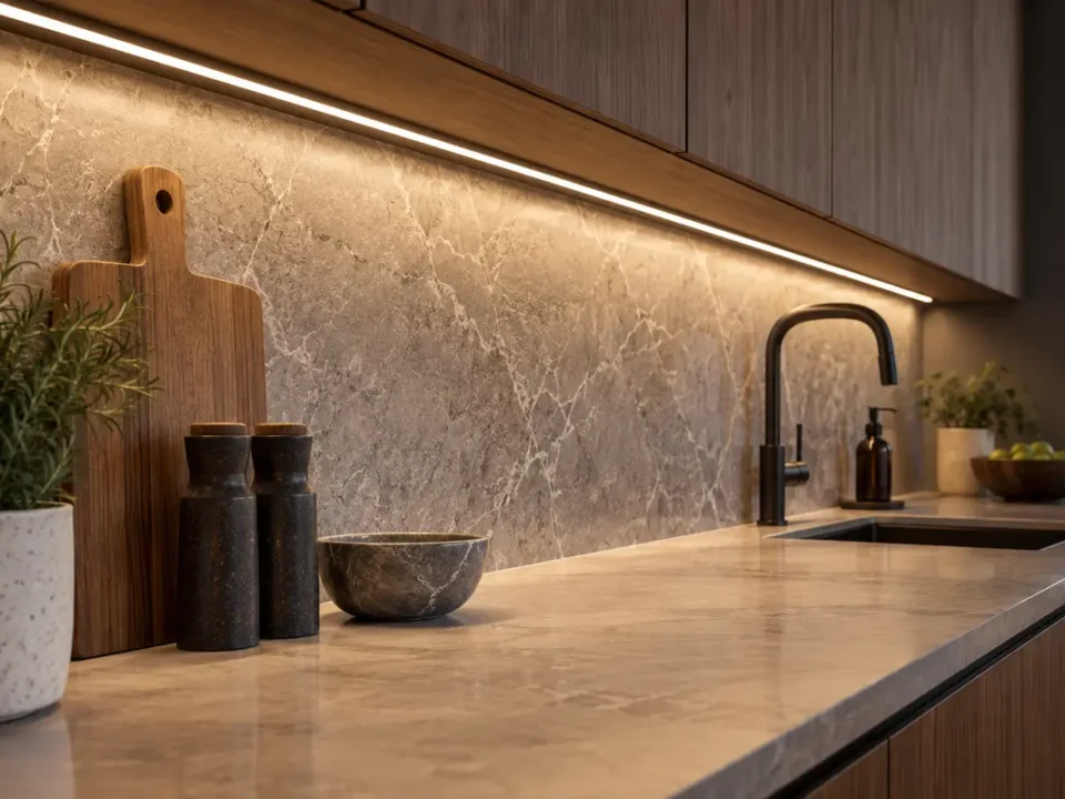 Continuous cabinet light across a stone backsplash and counter.
