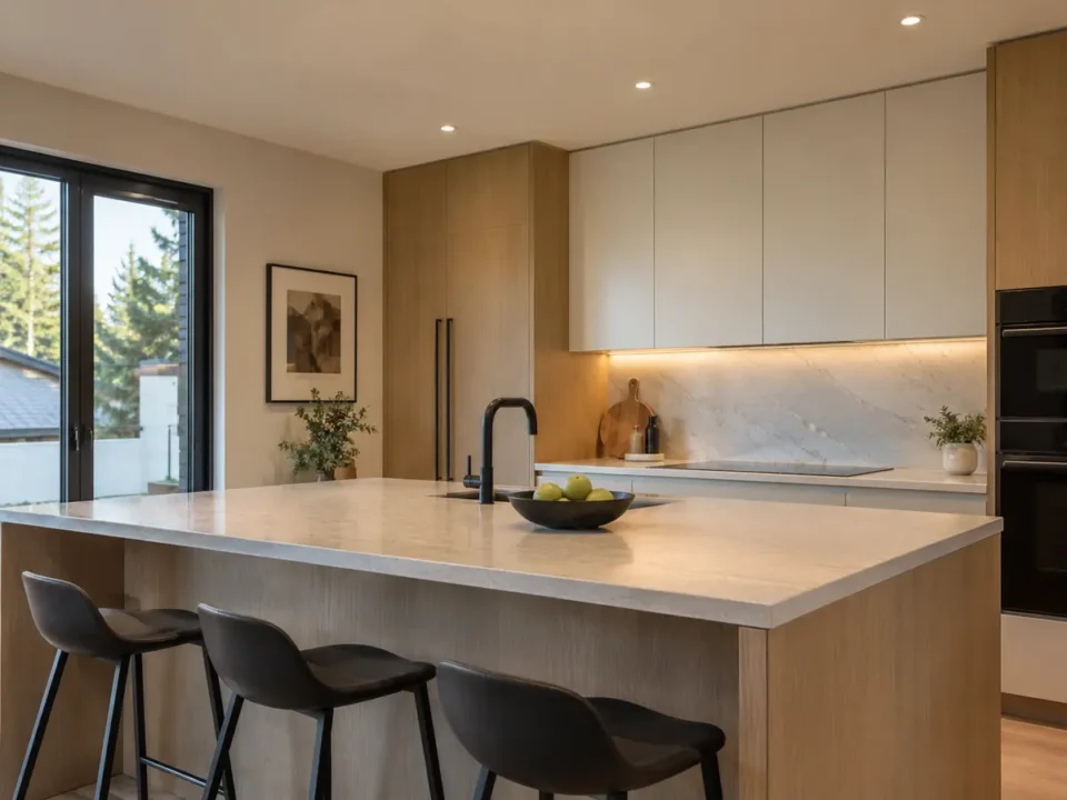 Small-aperture recessed lights across a minimal kitchen.