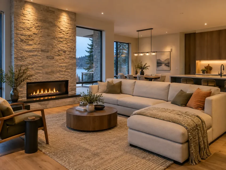 Warm ceiling lighting directed toward the room edges and wall.
