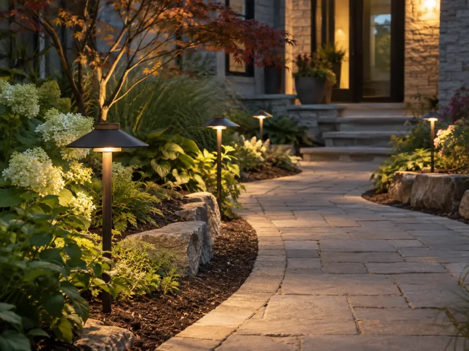 Shielded low-level lights along a garden path.