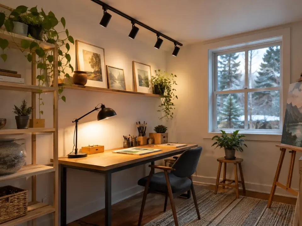 Ceiling, task and display lighting in a small studio.