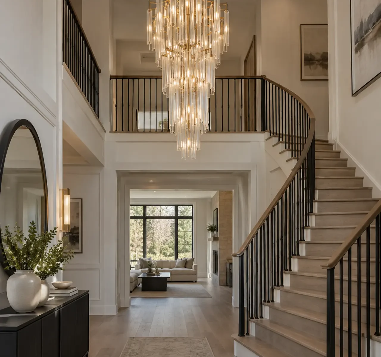 Chandelier hanging in a two-storey foyer