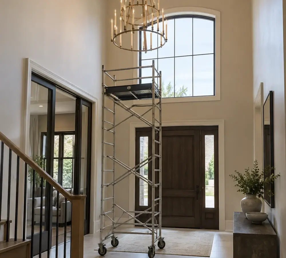 Access equipment positioned beneath a high foyer ceiling