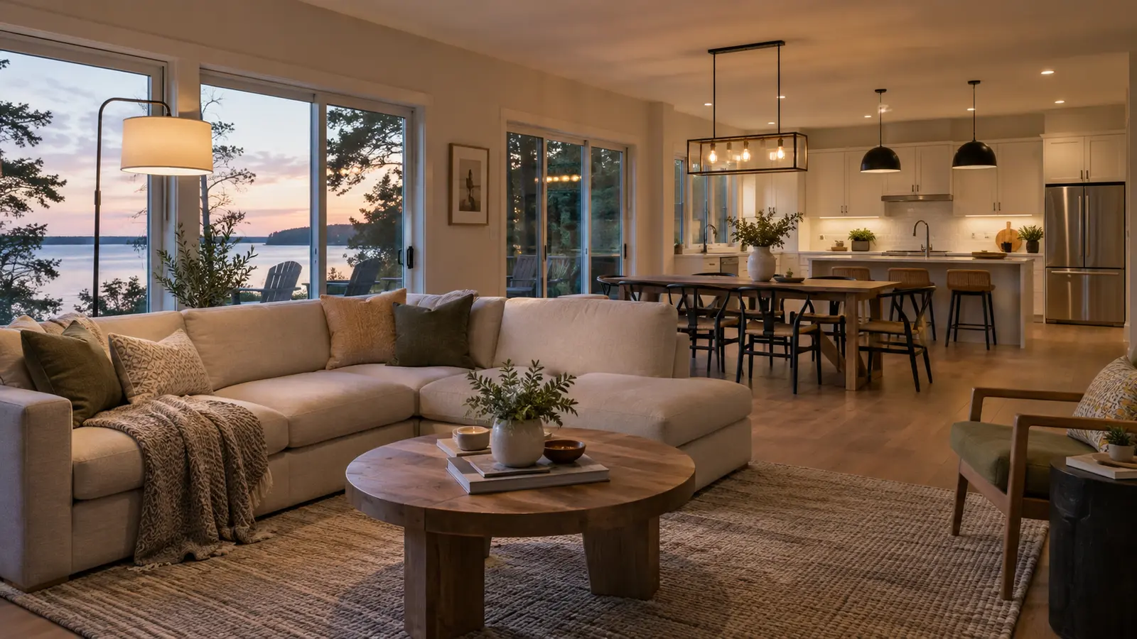 Recessed lights arranged around walls, seating and circulation.