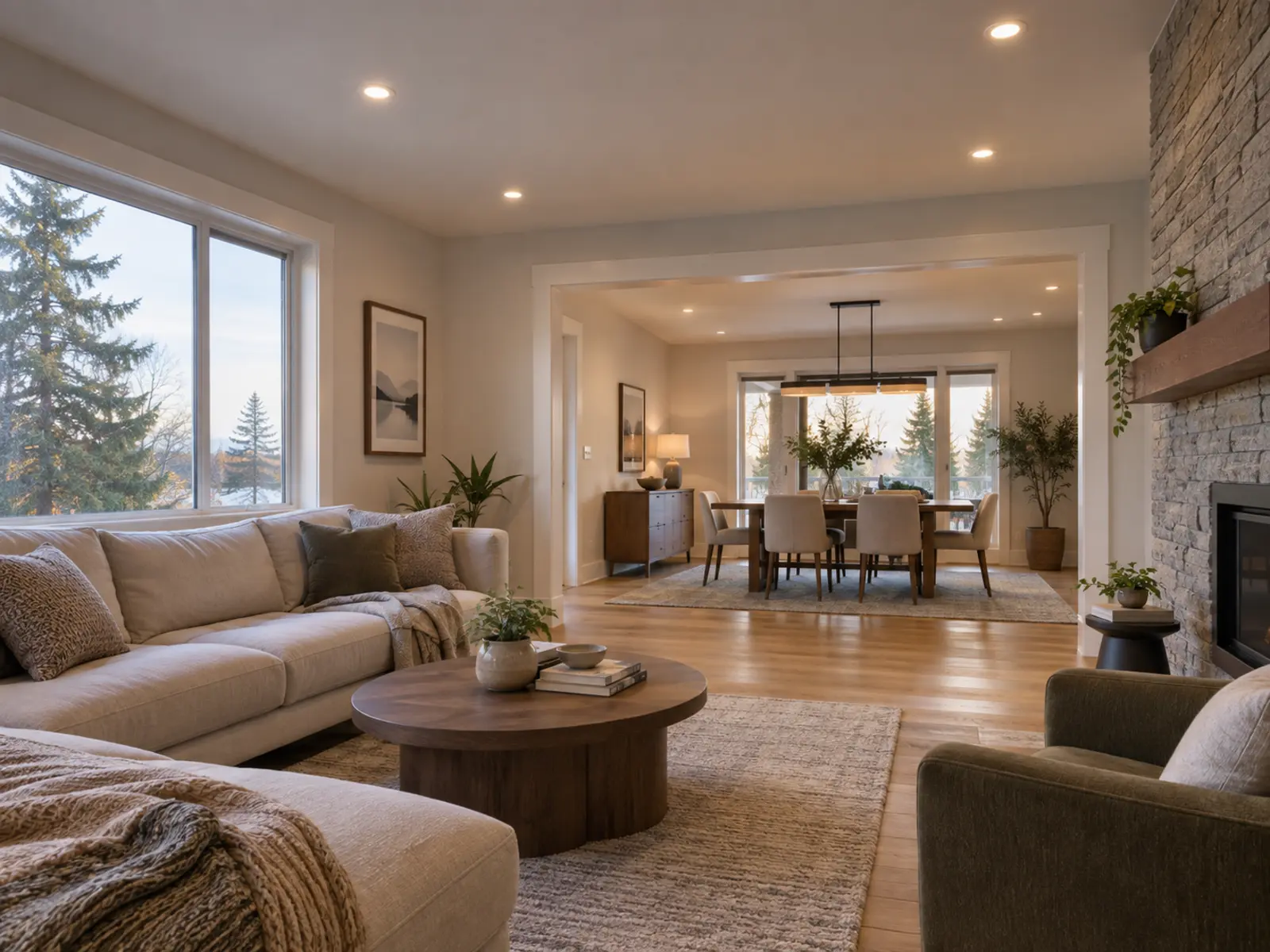 Recessed lighting through connected living and dining rooms