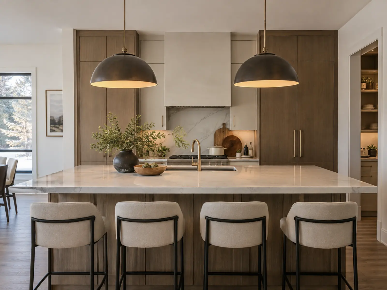 Two pendant lights centred above a kitchen island