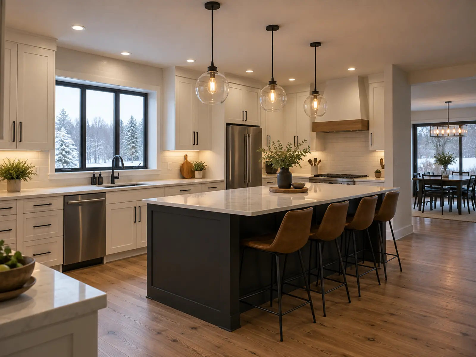 Pot lights and pendants arranged around kitchen work areas