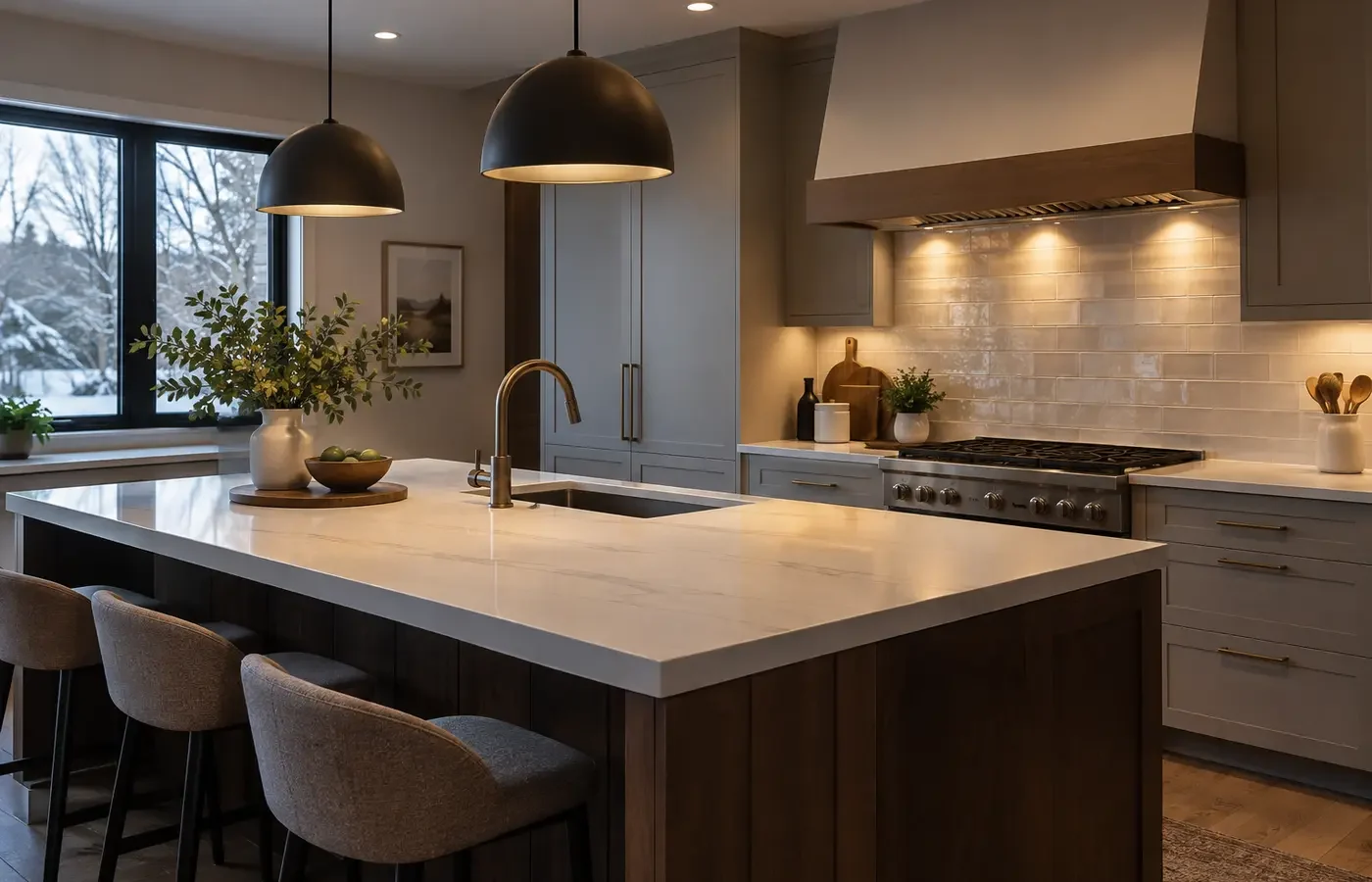 Ceiling lights illuminating kitchen counters