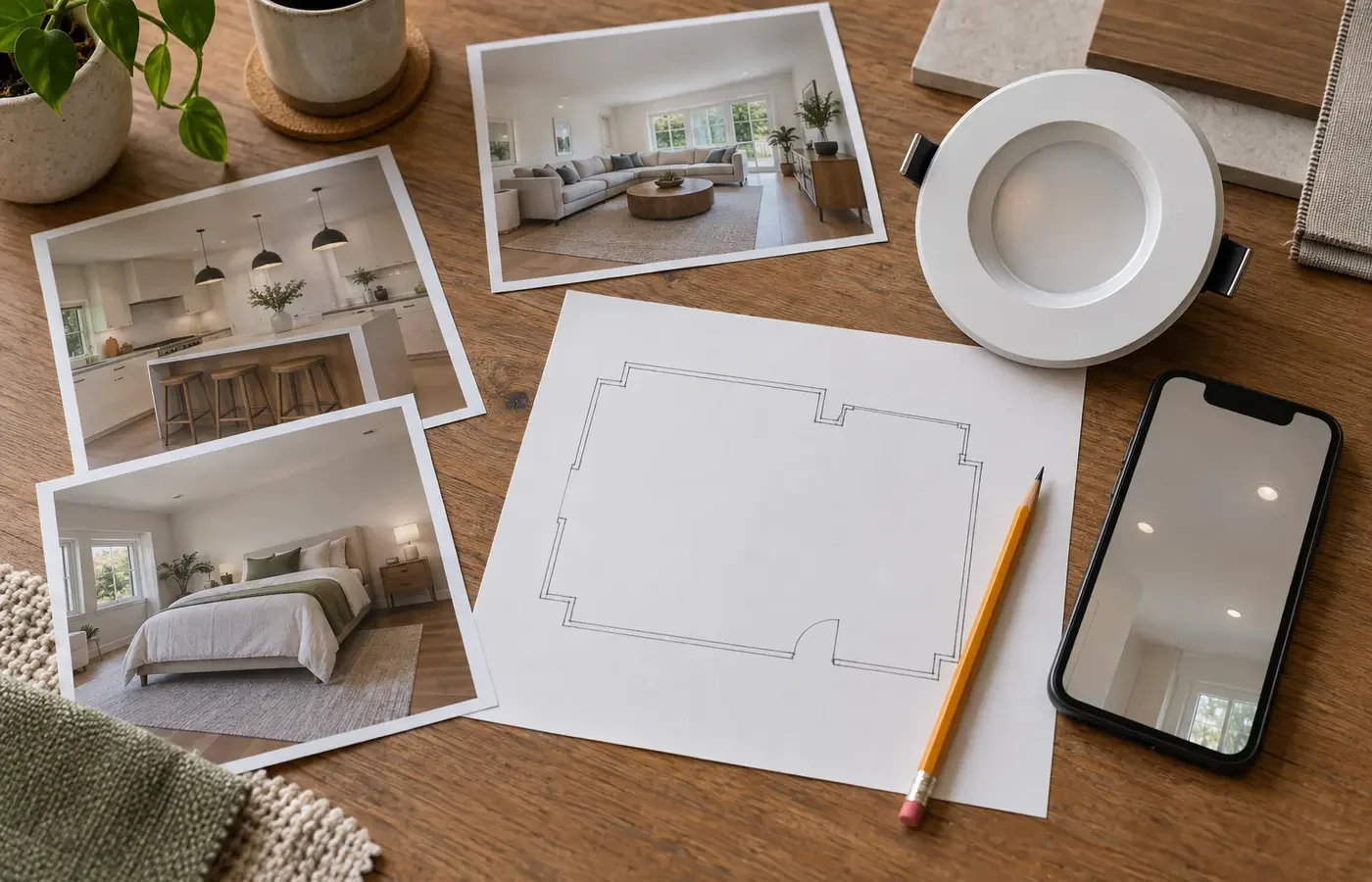 Room photographs, blank plan, tape measure, phone, and recessed-light sample prepared for an estimate