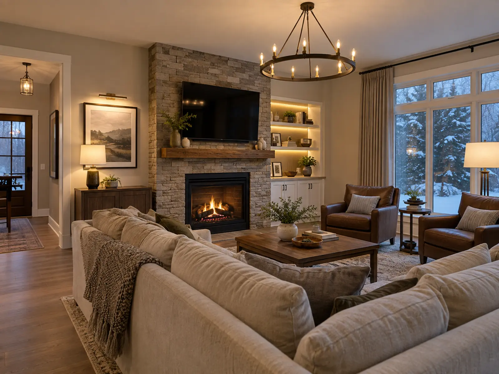 Family room lighting arranged around a fireplace and television