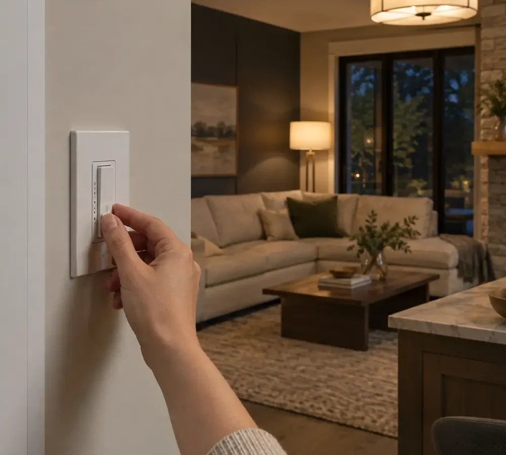 Wall dimmer controlling warm living-room lighting