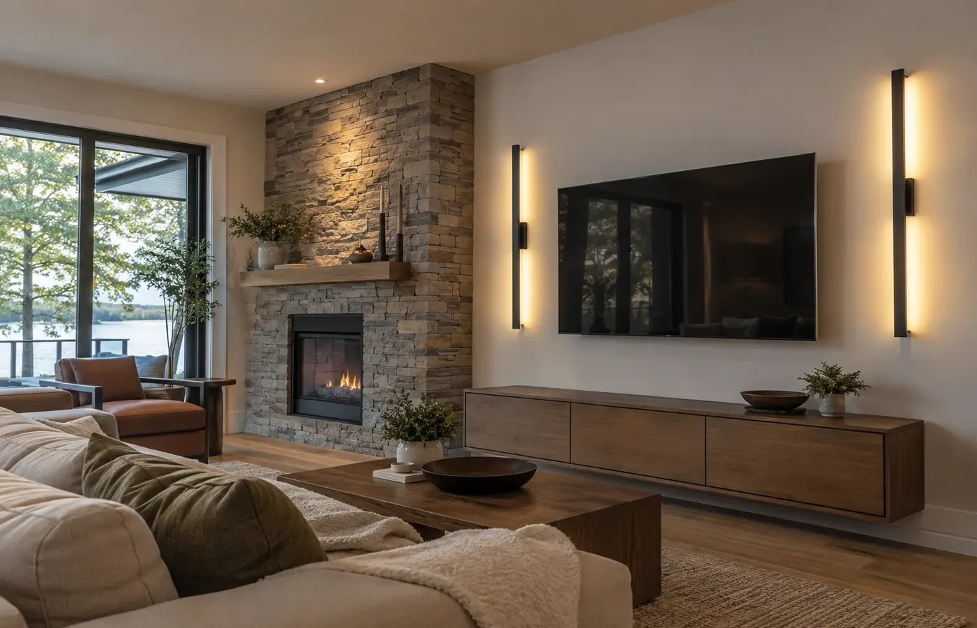 Recessed lights positioned away from a television screen
