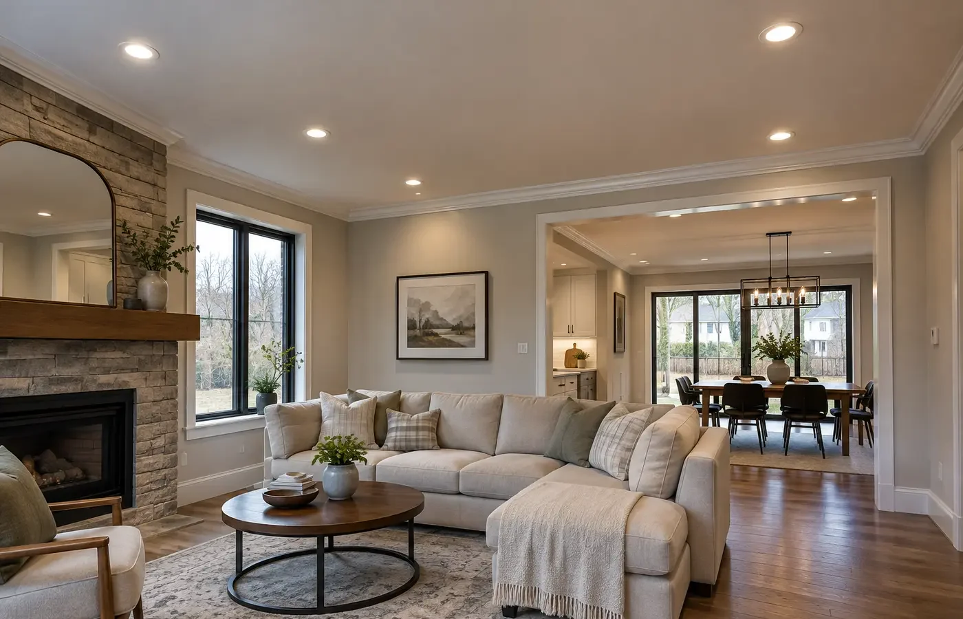 Matching LED recessed-light trims across a ceiling