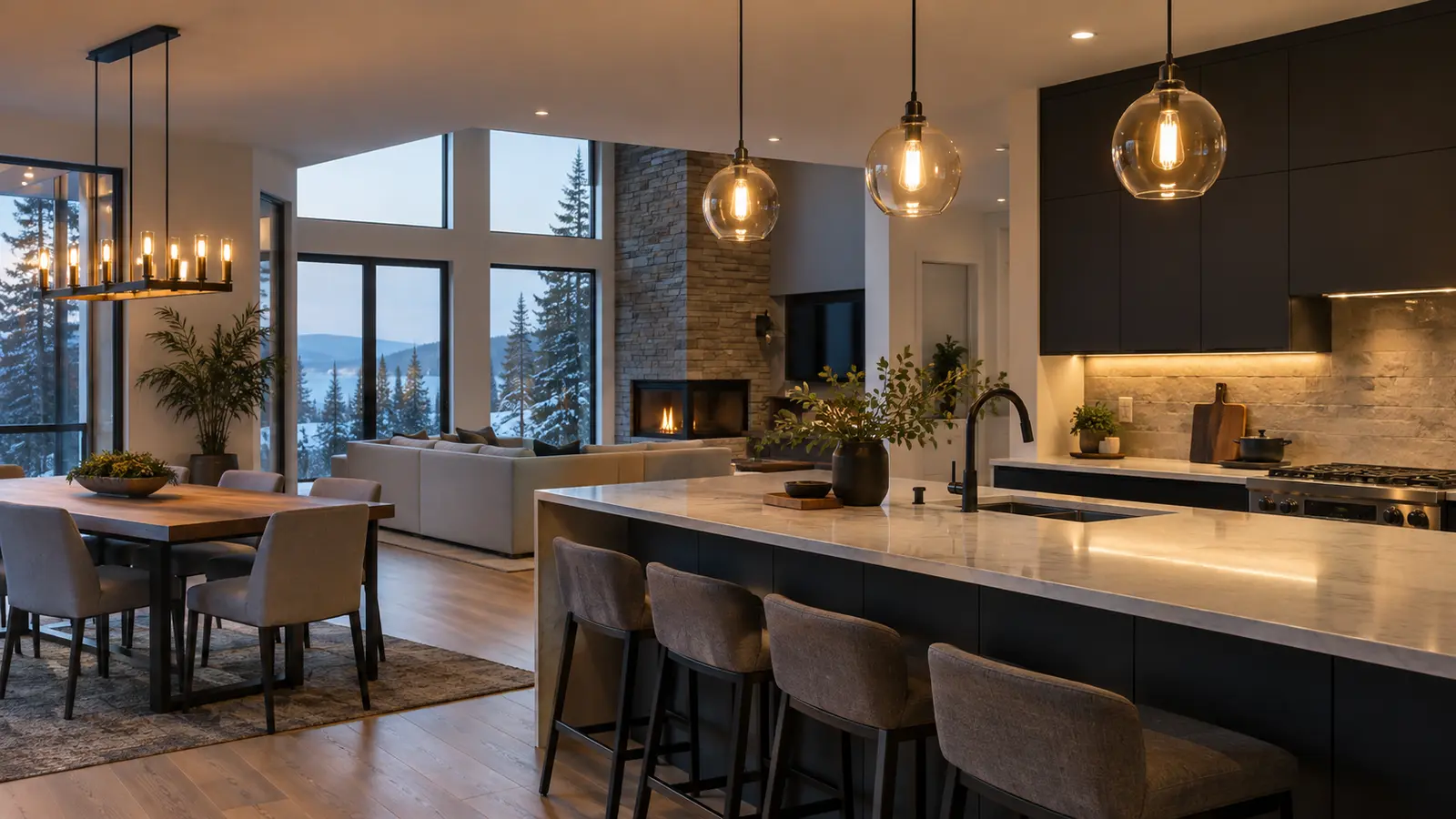 Recessed, pendant and wall lighting in a finished interior