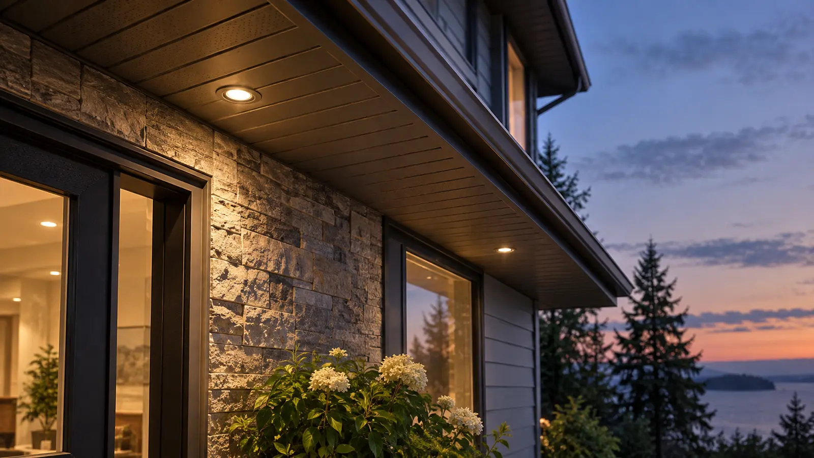 Warm soffit lights with controlled downward coverage at dusk.