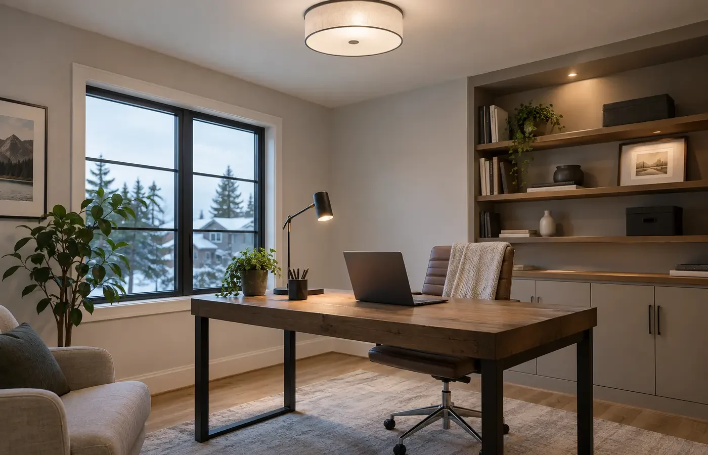 Task and ceiling lighting in an office work area