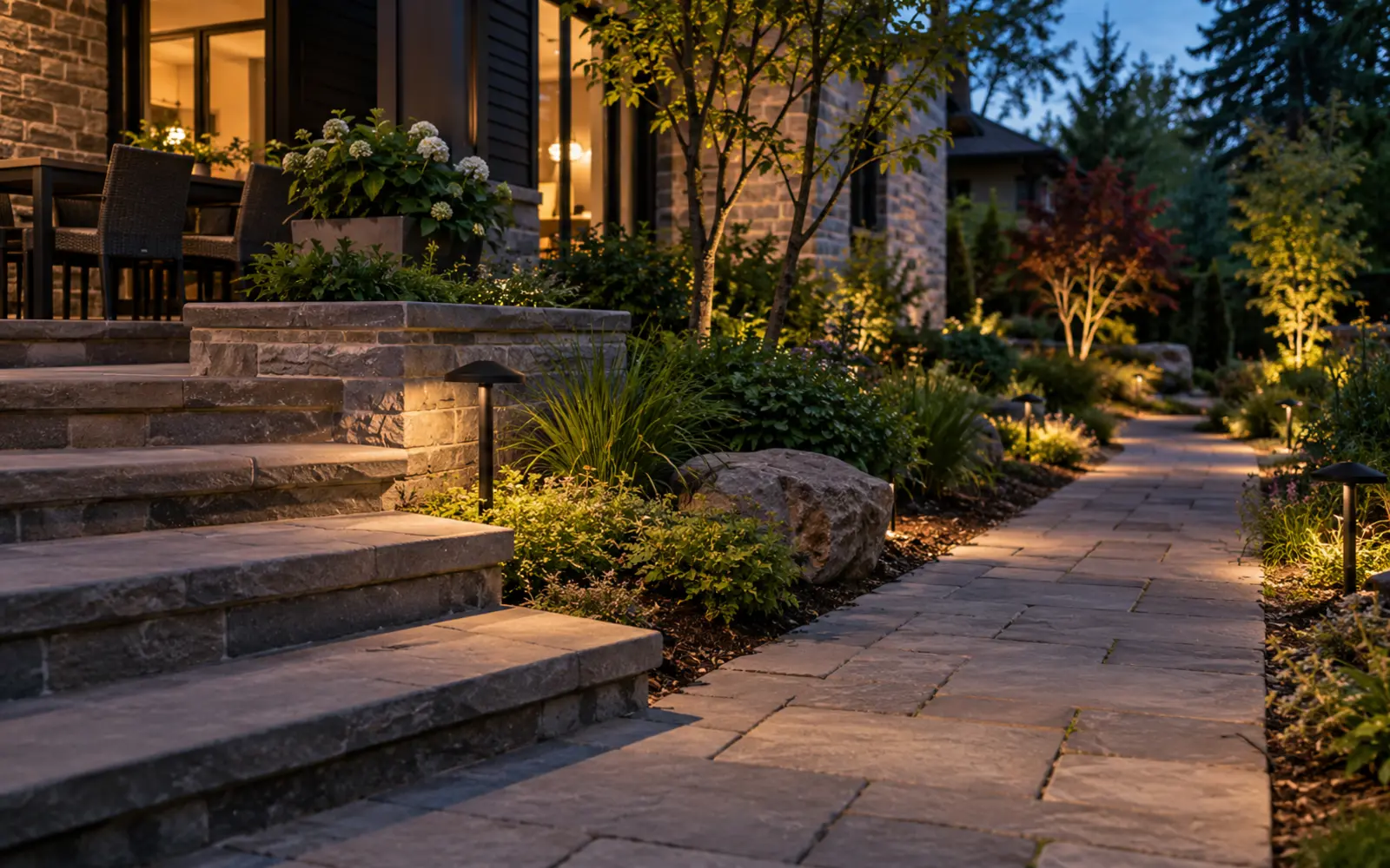 Shielded path and patio lighting at dusk