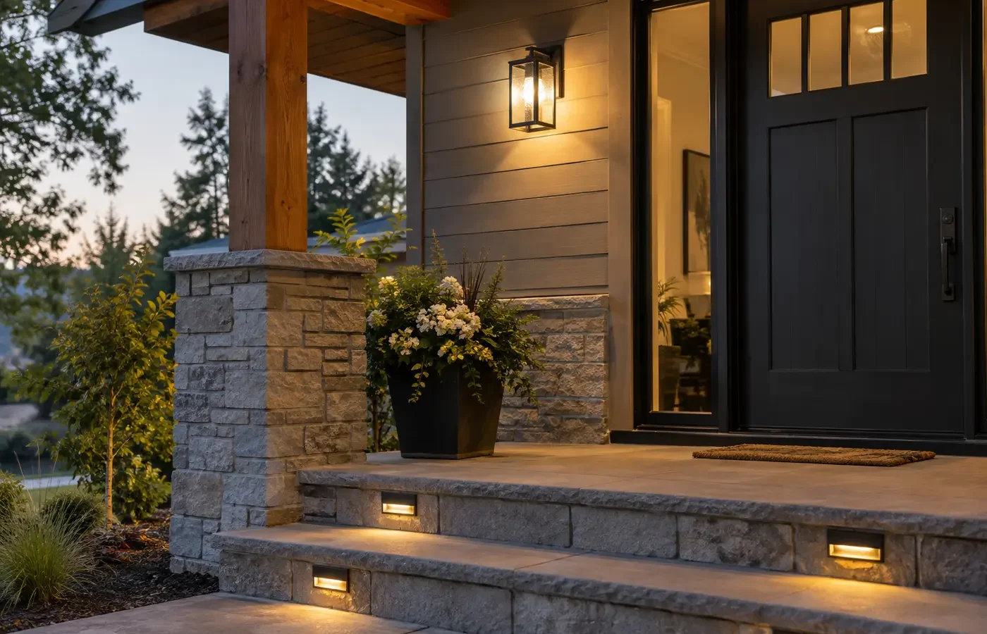 Porch and step lighting at a home entrance