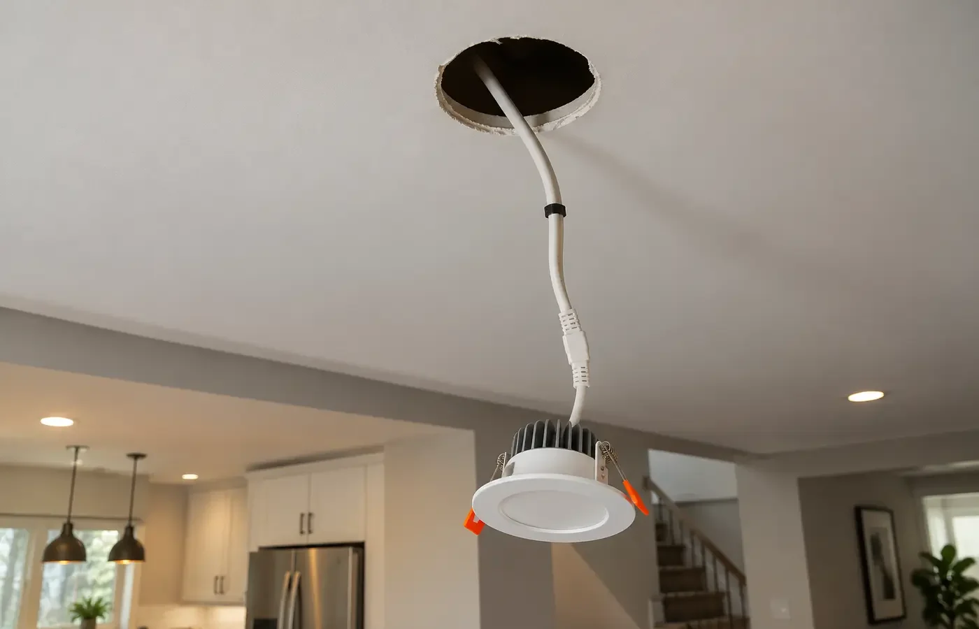 Cable being routed through a recessed-light ceiling opening