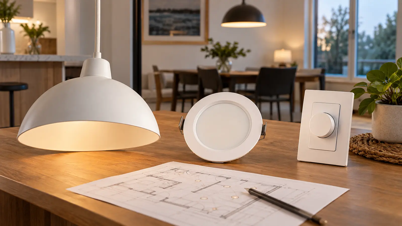 Written lighting scope beside a recessed fixture and dimmer.