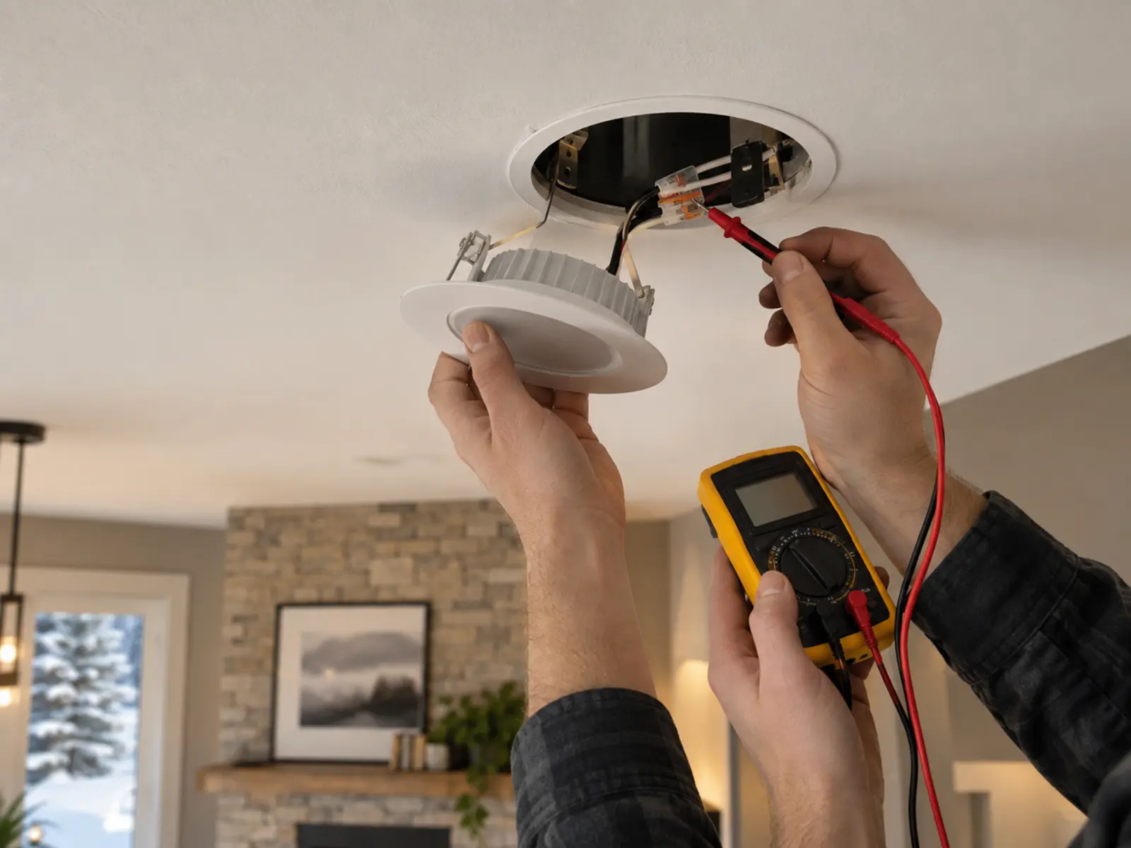 Recessed light opened for electrical diagnosis