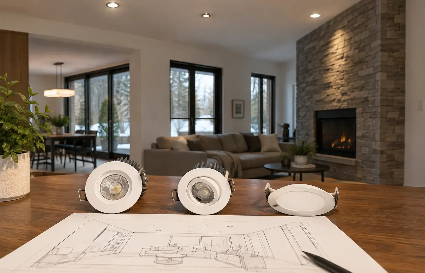 Room sketch with fixed, gimbal and slim recessed lights