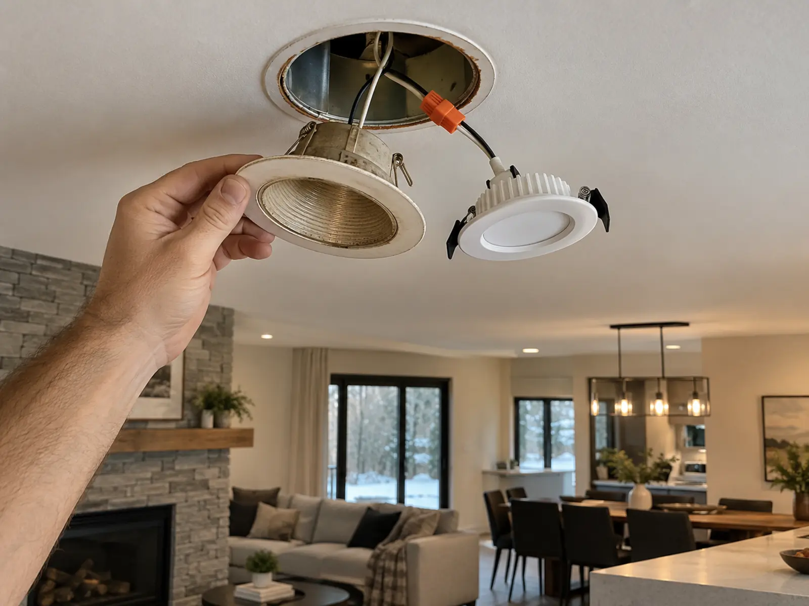 Older recessed light beside an LED replacement module