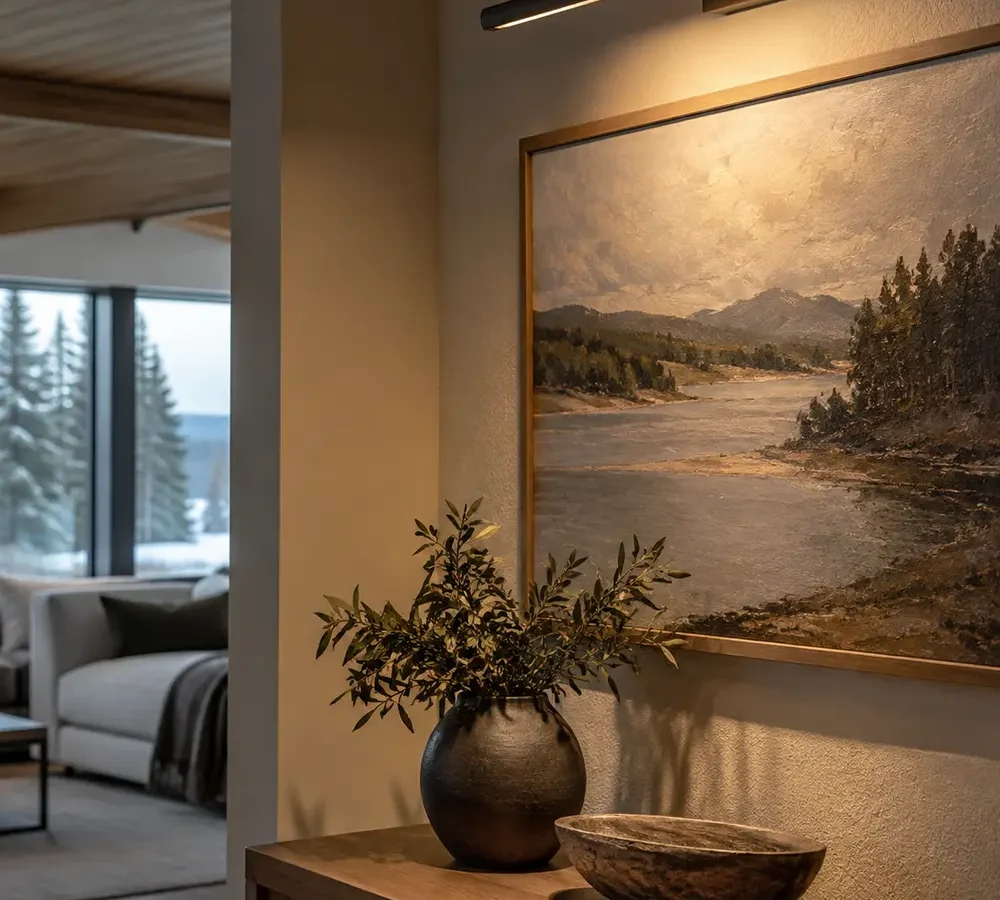 Directional recessed light illuminating wall artwork