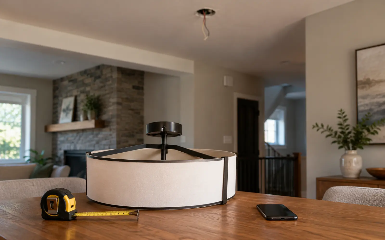 Ceiling photo, tape measure and light fixture prepared for an estimate