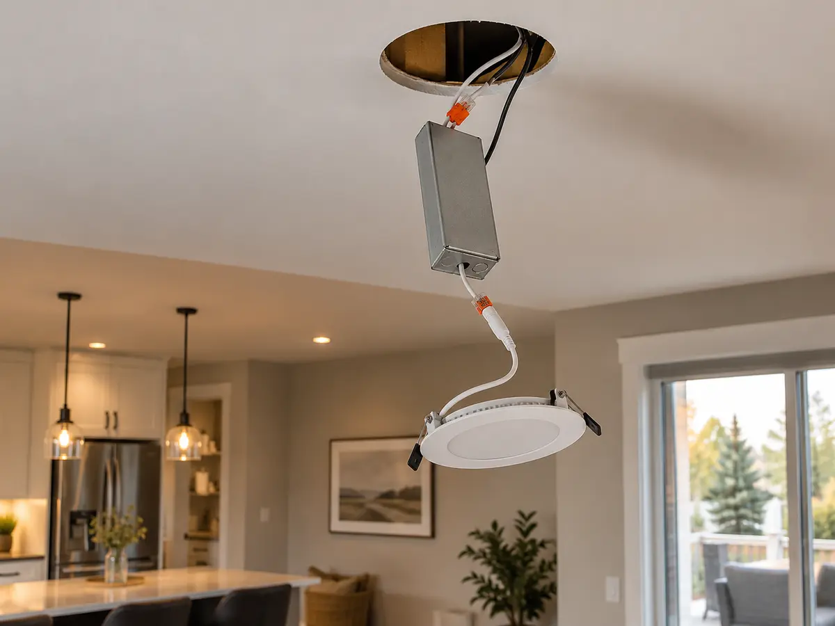 Slim LED pot light and driver at a ceiling opening