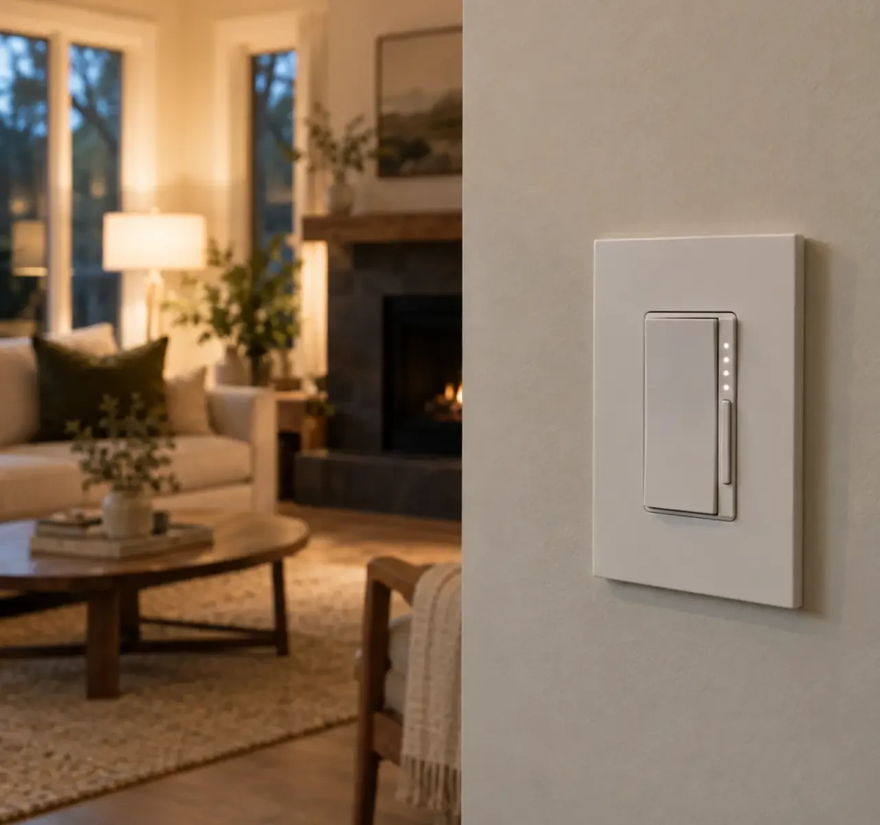 Wall dimmer with a softly lit room beyond