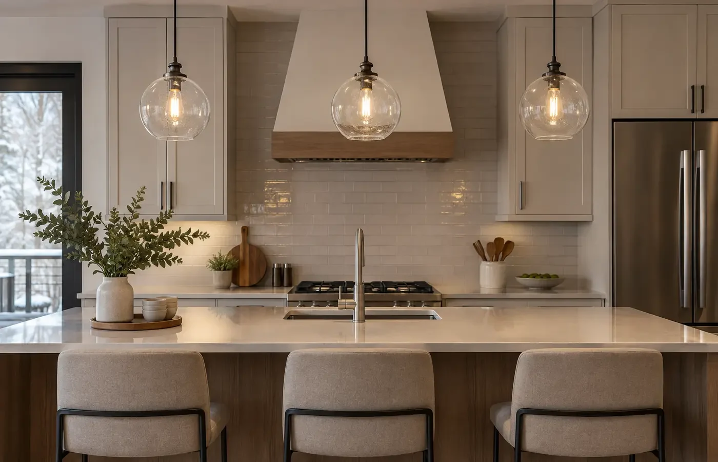 Three evenly aligned pendant lights above an island