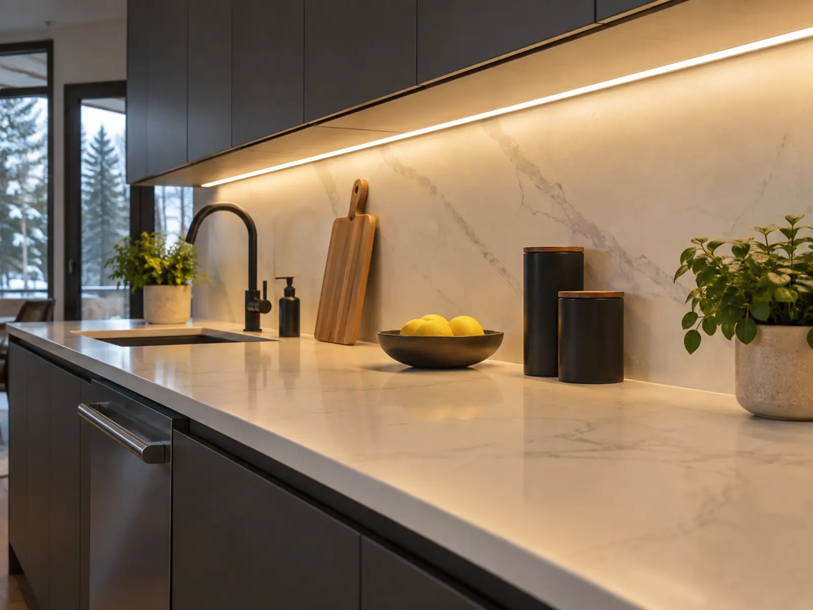 Continuous lighting beneath kitchen cabinets